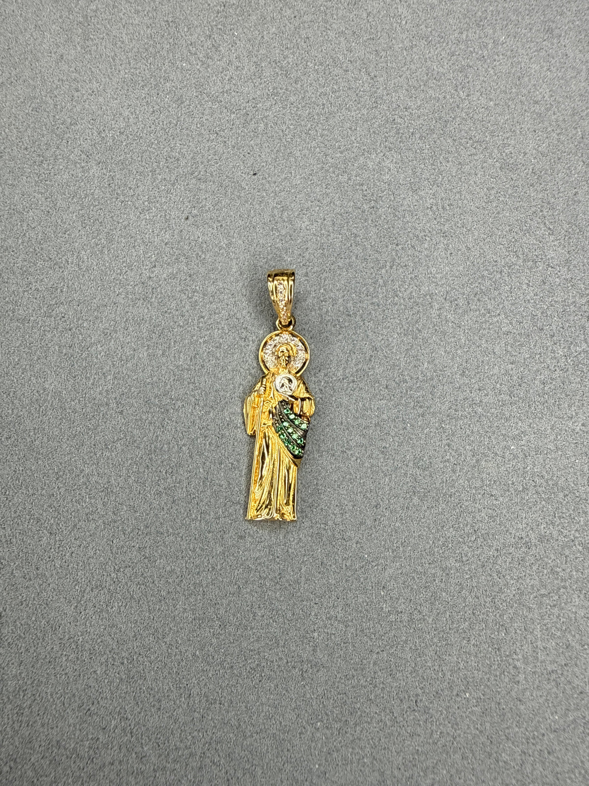 Dije de San Judas Tadeo con circon verde y blanco Nacional especial 18k