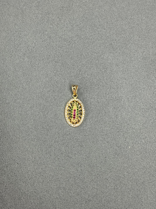 Dije de la Virgen de Guadalupe con circon verde y rojo Italiano 18k