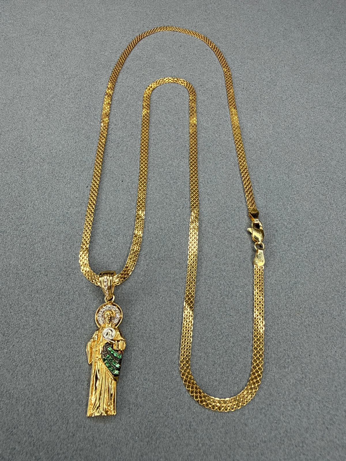 Dije de San Judas Tadeo con circon verde y blanco Nacional especial 18k
