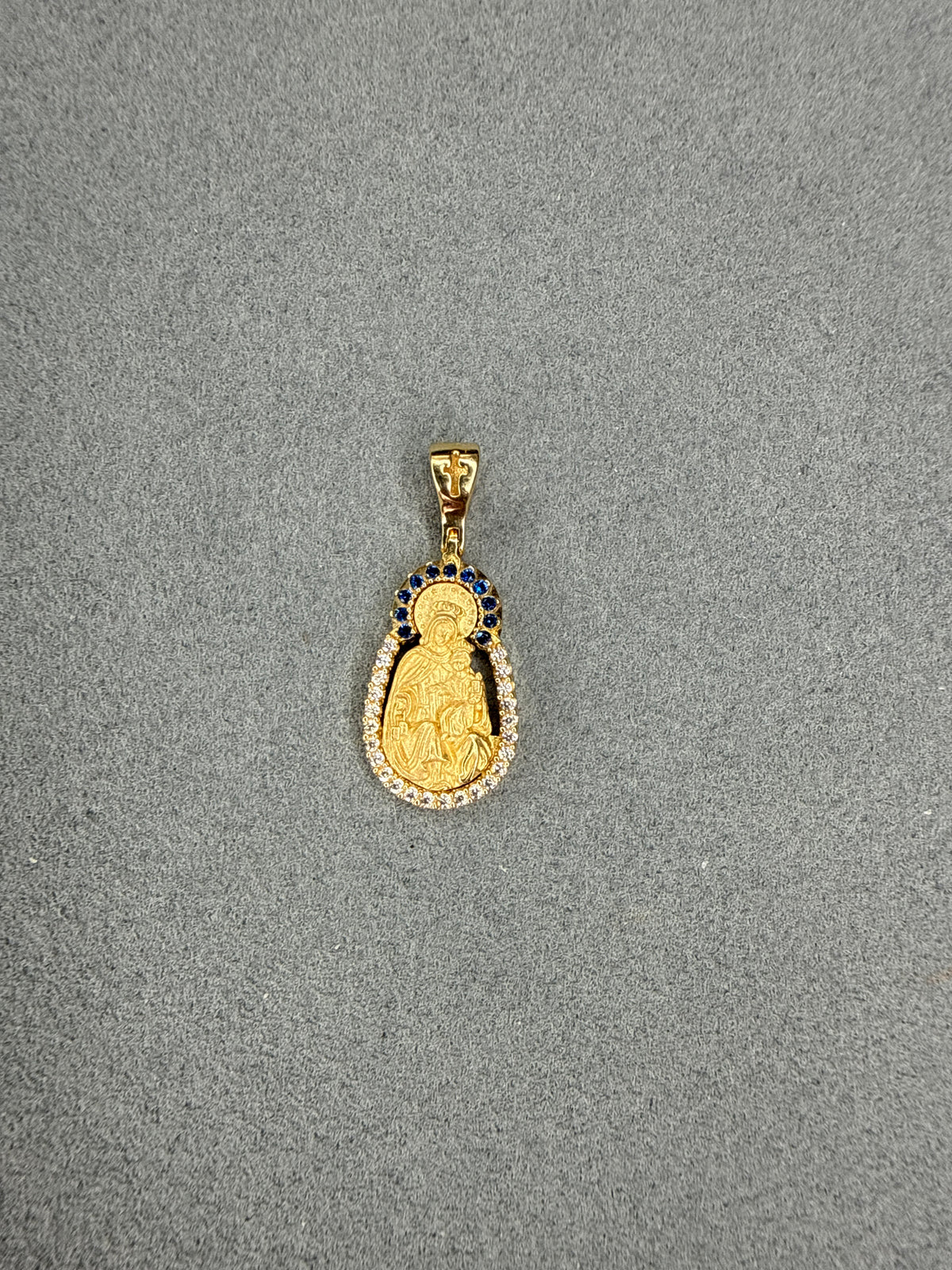 Dije de la Virgen con circon azul y blanco Italiano especial 18k