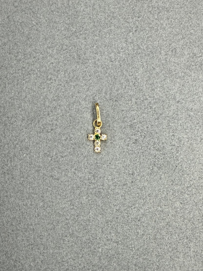 Dije mini cruz de circon blanco y verde Italiano 18k